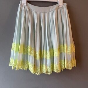 Ted Baker London Bluma Pleated Mini Skirt Highlighter Yellow Lace Trim Size 1